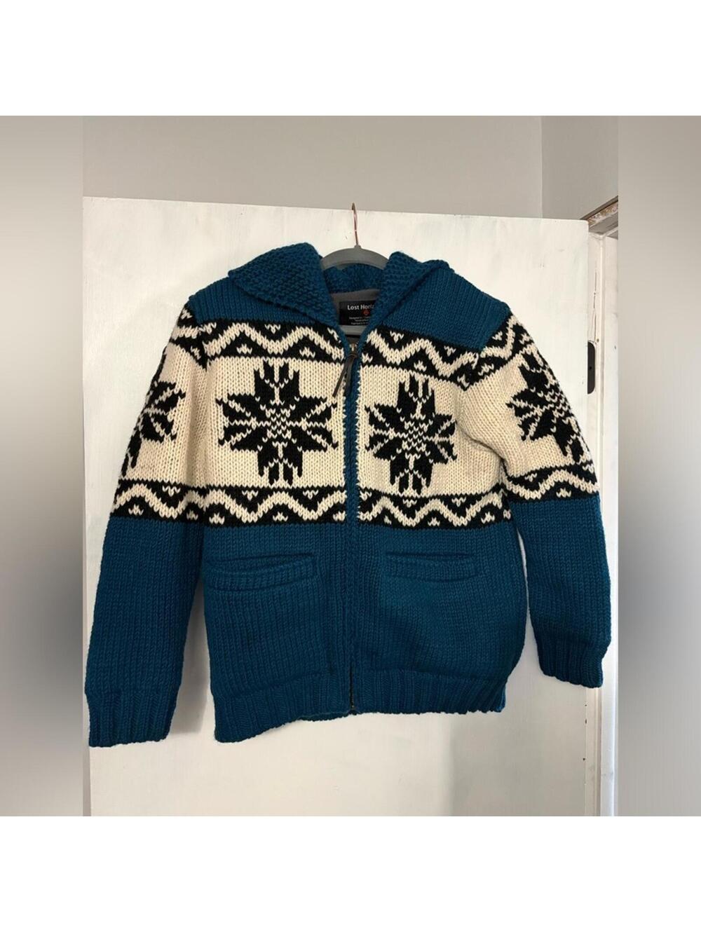 Teal and Cream Knit Cardigan with Snowflake Pattern